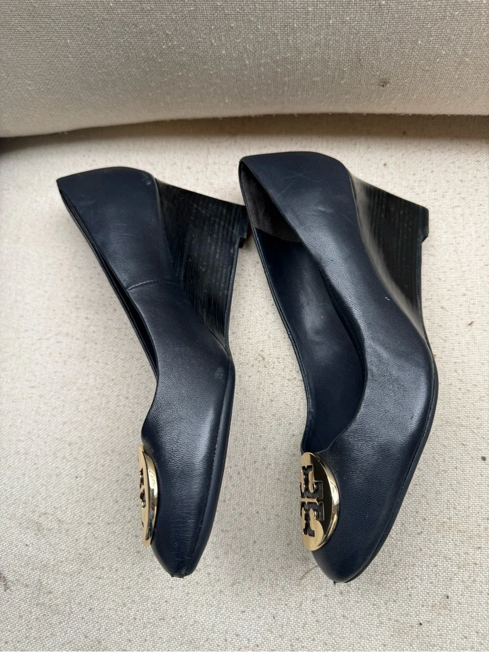 Tory Burch Black Leather Flats with Gold Logo Medallions